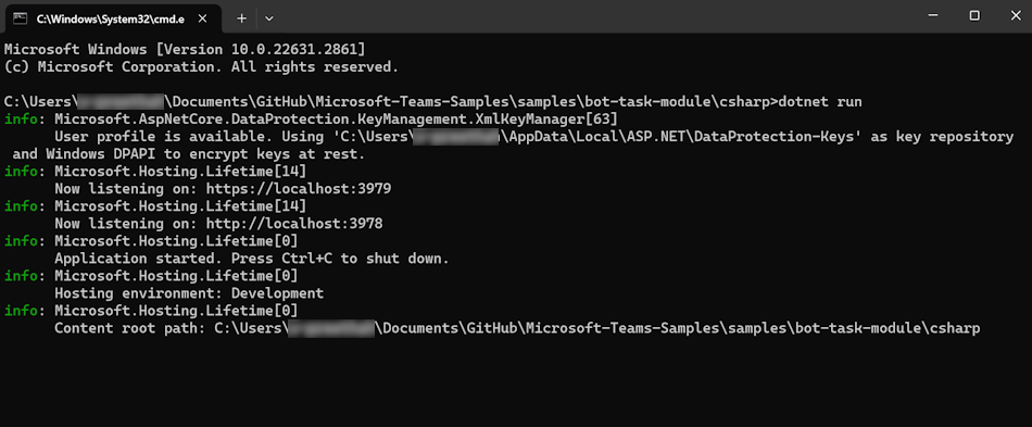 Capture d’écran montrant l’invite de commandes de dotnet run.