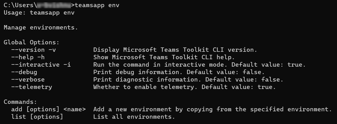Capture d’écran montrant les commandes teamsapp env.