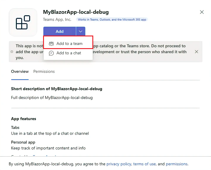 Capture d’écran montrant l’option permettant d’ajouter votre application blazor à une équipe.