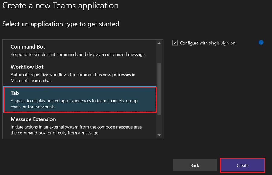 Capture d’écran montrant comment créer une application Teams avec Tab.