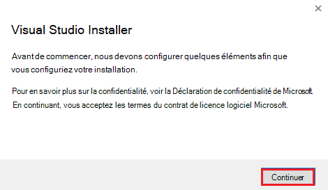 Capture d’écran de Visual Studio Installer avec les options continuer mises en évidence en rouge.