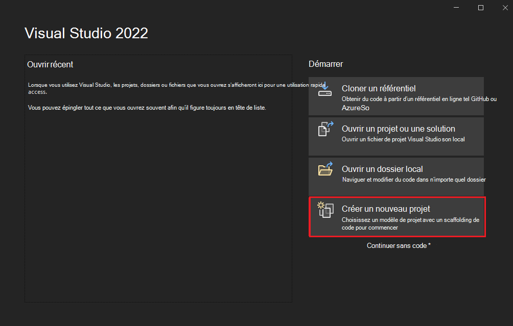 Capture d’écran de Visual Studio avec l’option Créer un projet mise en évidence en rouge pour l’application Blazor.