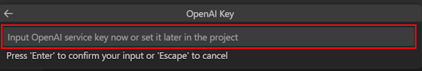 Capture d’écran montrant comment entrer la clé de service openai dans Visual Studio Code.