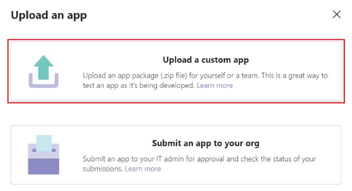 Capture d’écran montrant l’option de chargement d’une application personnalisée dans Teams.