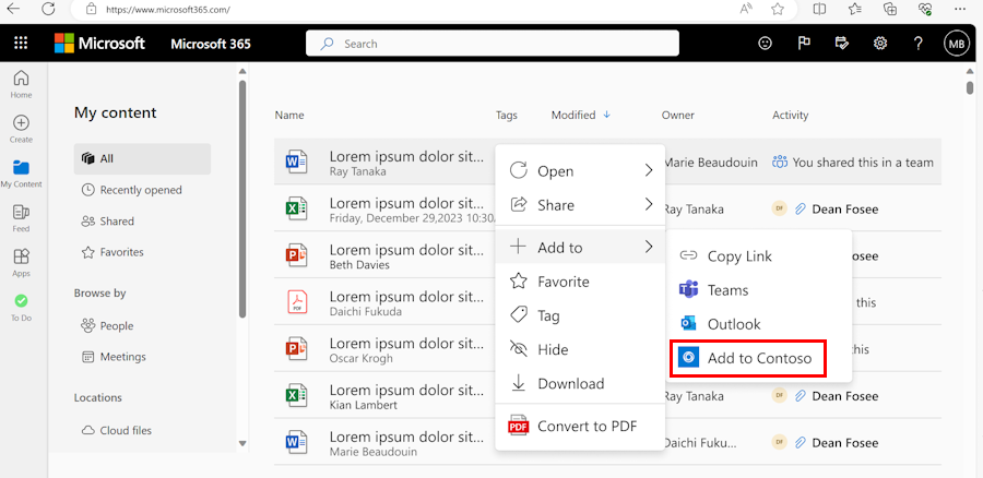 Capture d’écran montrant les actions regroupées par intention dans le menu contextuel.