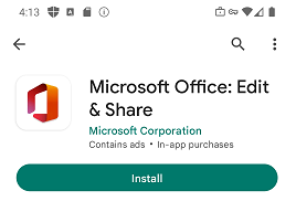 La capture d’écran est un exemple montrant le bouton d’installation de l’application Office (Microsoft 365) dans Google Play Store.