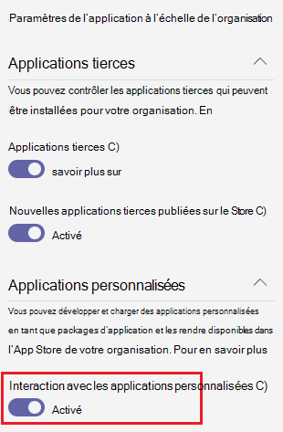 Capture d’écran montrant comment activer l’option de chargement d’application personnalisée à partir du Centre d’administration Teams.