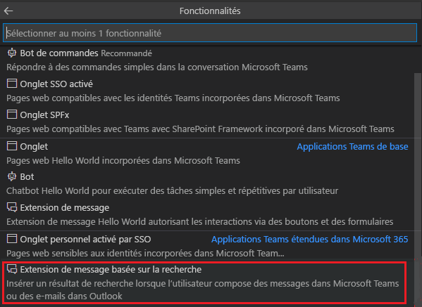 Capture d’écran montrant la palette de commandes Créer une application Teams VS Code pour répertorier les exemples d’options Teams.