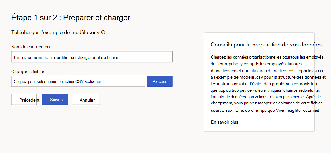 Capture d’écran montrant l’option Préparer et charger des données.