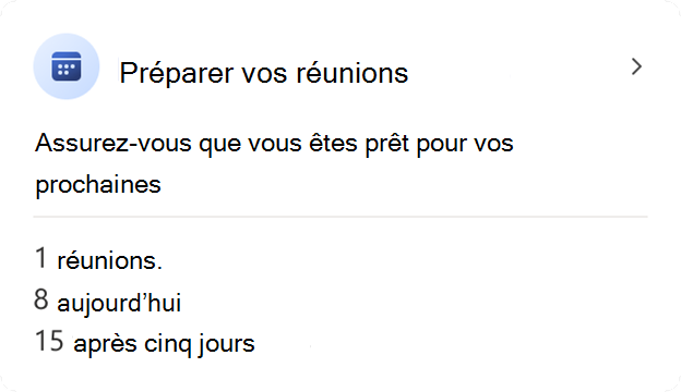 Capture d’écran du carte Préparer vos réunions dans le complément Viva Insights Outlook.