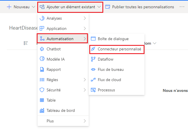 Capture d’écran montrant comment ajouter un connecteur personnalisé existant.