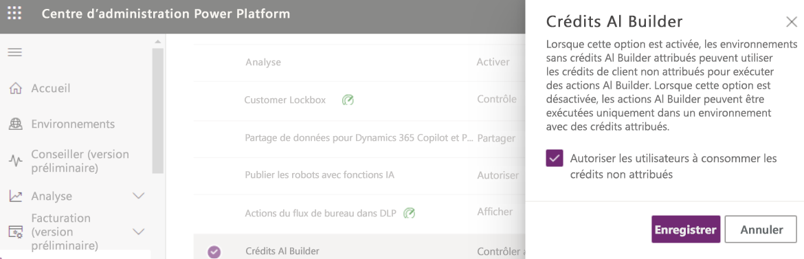 Capture d’écran de l’option permettant aux utilisateurs de consommer des crédits non attribués dans le centre d’administration Power Platform.