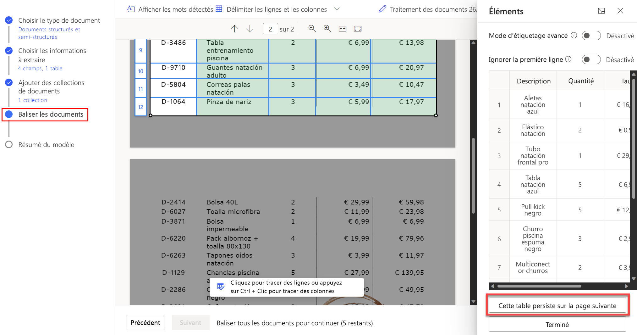 Capture d’écran montrant qu’il faut sélectionner l’option « Ce tableau continue sur la page suivante » pour continuer à baliser un tableau qui s’étend sur plusieurs pages.