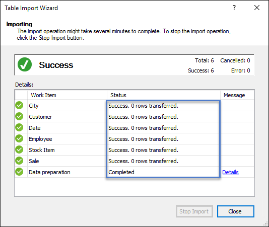 Réussite de l’importation DirectQuery