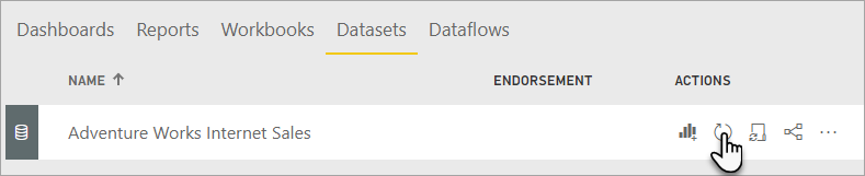 Capture d’écran de l’interface utilisateur du service Power BI montrant l’option Actualiser sélectionnée.