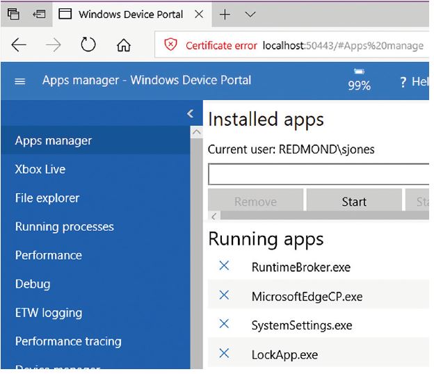 Interface utilisateur de Windows appareil portail Web