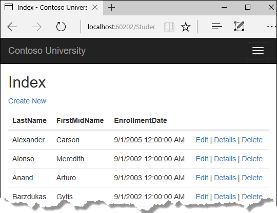 Page d’index des étudiants