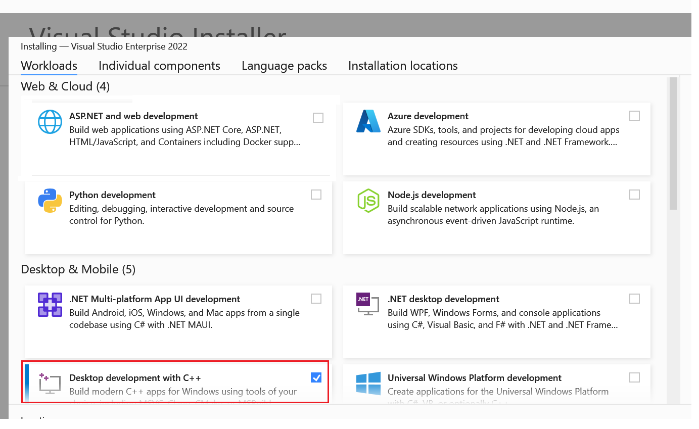 boîte de dialogue de sélection de charge de travail Visual Studio montrant l’option « Développement de bureau avec C++ » sélectionnée.