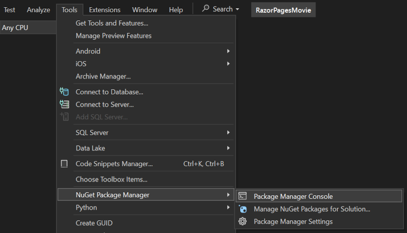 Menu Console du Gestionnaire de package