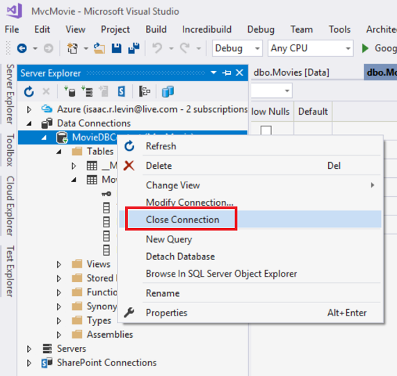 Capture d’écran montrant la fenêtre Server Explorer. Le menu contextuel Movie D B est ouvert. Fermer la connexion est sélectionnée et cerclée en rouge.