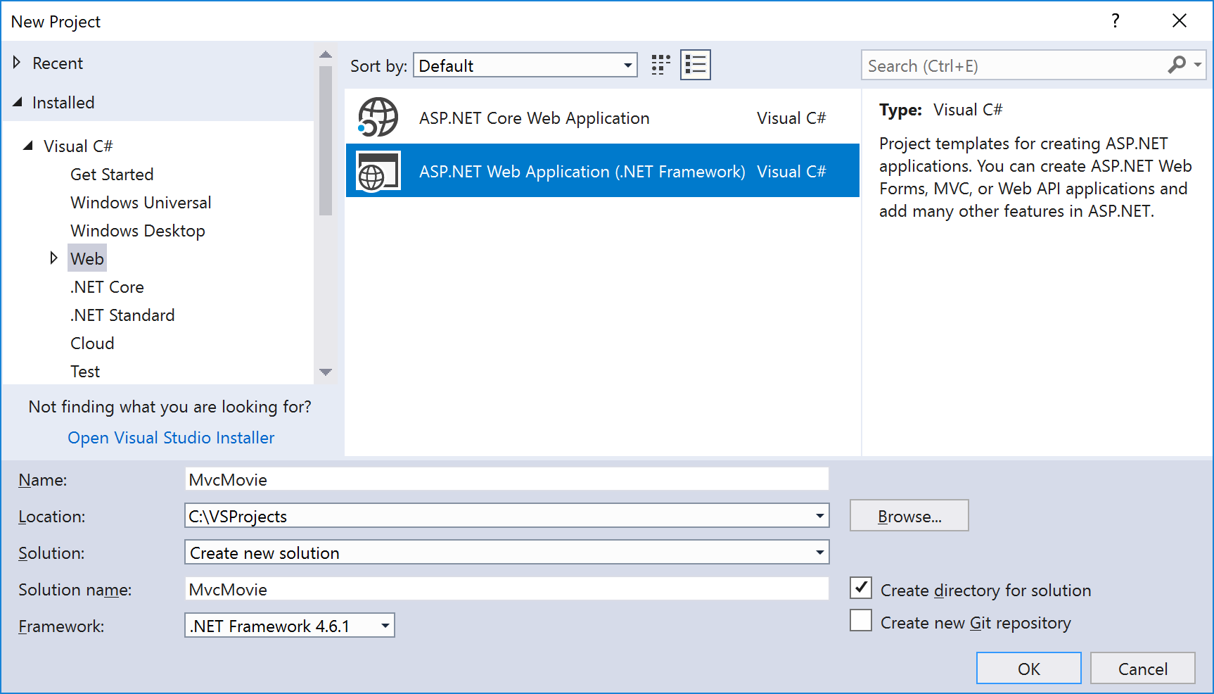 Capture d’écran montrant la fenêtre Nouveau projet. Web et A S P dot NET Application web dot NET Framework sont sélectionnés.