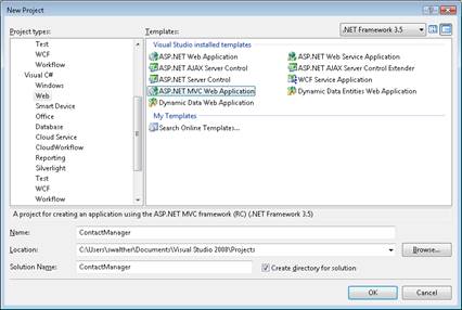 Capture d’écran montrant la boîte de dialogue Nouveau projet avec l’option Application web ASP dot NET MVC sélectionnée.