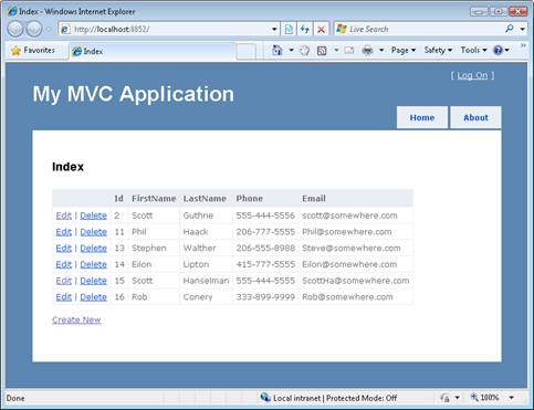 Capture d’écran montrant l’apparence par défaut d’une application ASP dot NET MVC.