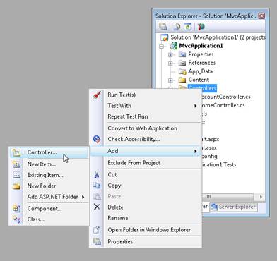 Capture d’écran de la fenêtre Explorateur de solutions Visual Studio, qui montre les options Ajouter et Contrôleur dans le menu contextuel.