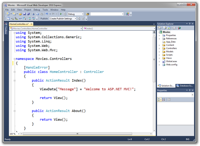 Capture d’écran de la fenêtre Microsoft Visual Web Developer 2010 Express, qui montre que le nouveau fichier home controller dot c s est ouvert dans l’éditeur de code.