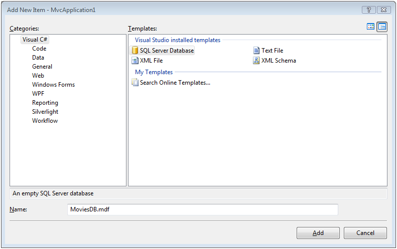 Ajout d’une nouvelle base de données SQL Server