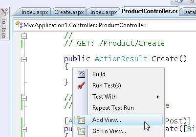 Capture d’écran du fichier point c s du contrôleur de produit dans l’éditeur de code, qui montre le menu contextuel avec l’élément de menu Ajouter une vue en surbrillance.