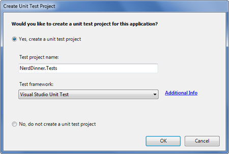 Capture d’écran de la boîte de dialogue Créer un projet de test unitaire. Oui, l’option Créer un projet de test unitaire est sélectionnée. Nerd Dinner dot Tests est écrit en tant que nom du projet Test.