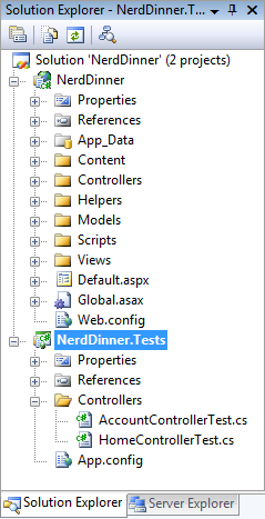 Capture d’écran de l’arborescence de navigation Explorateur de solutions. Nerd Dinner Dot Tests est sélectionné.