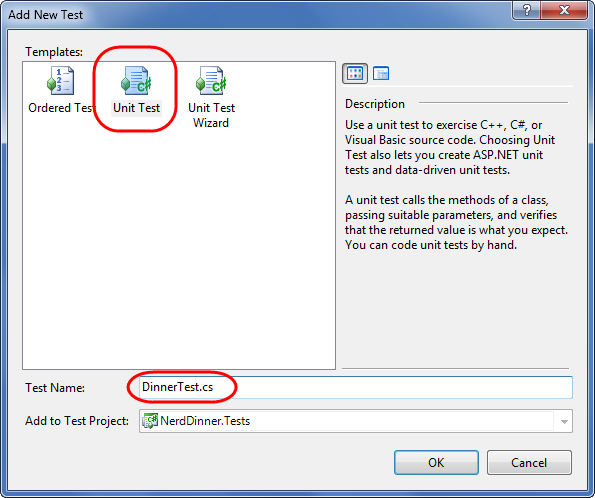 Capture d’écran de la boîte de dialogue Ajouter un nouveau test. Test unitaire est mis en surbrillance. Dinner Test dot c s est écrit en tant que nom de test.