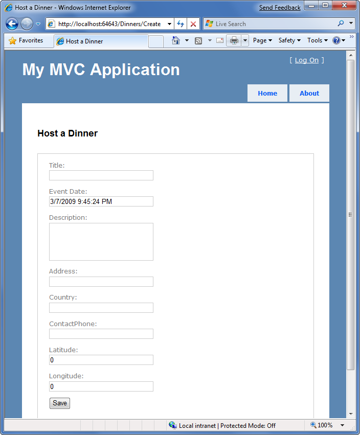 Capture d’écran de la page My M V C Application. Le formulaire Héberger un dîner s’affiche.