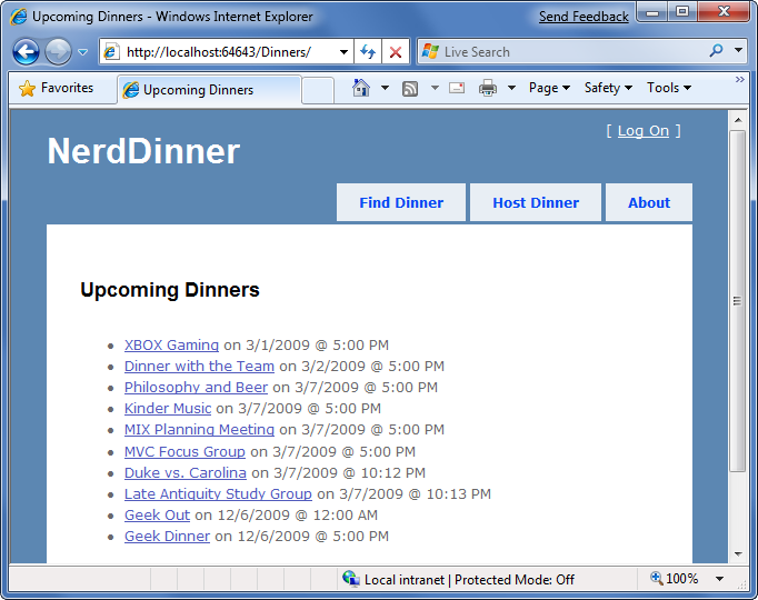 Capture d’écran de la page de liste Nerd Dinner Upcoming Dinners.