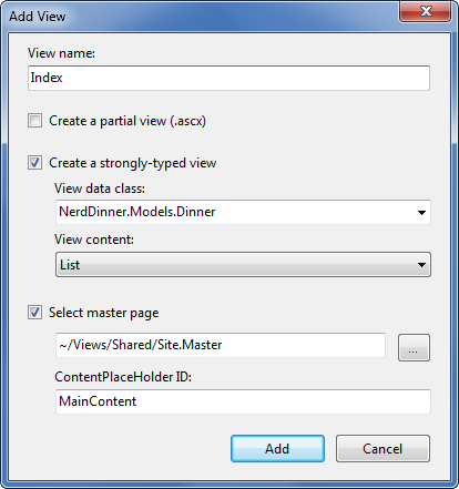 Capture d’écran de la fenêtre Ajouter une vue avec le nom de l’affichage défini sur Index, la case Créer une vue fortement typée cochée et la case Sélectionner master page cochée.
