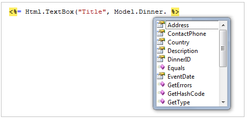 Capture d’écran de la fenêtre de l’éditeur de code avec une liste déroulante et l’élément de liste Adresse mis en surbrillance avec un rectangle en pointillés gris.