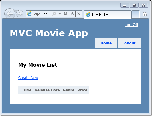 Capture d’écran montrant la fenêtre du navigateur de l’application vidéo M V C dans la page Liste des films.