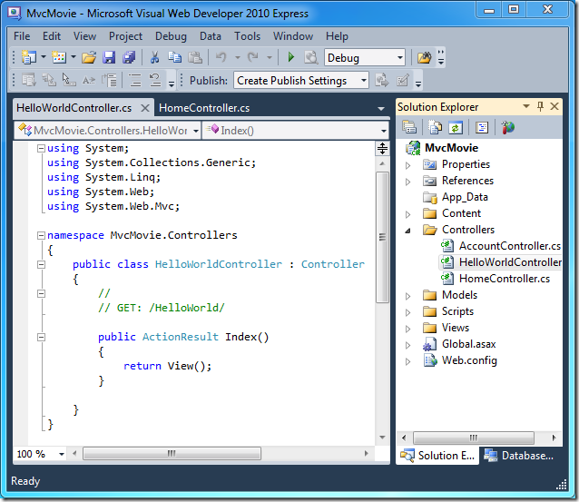 Capture d’écran montrant l’onglet Hello World Controller dot c s et Explorateur de solutions fenêtre. Hello World point c s du contrôleur est sélectionné dans le dossier Contrôleurs.