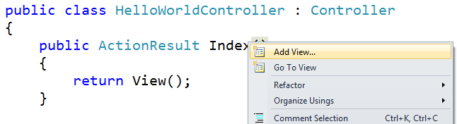 Capture d’écran montrant la parenthèse après Index mis en évidence. L’option Ajouter une vue est sélectionnée dans le menu contextuel.