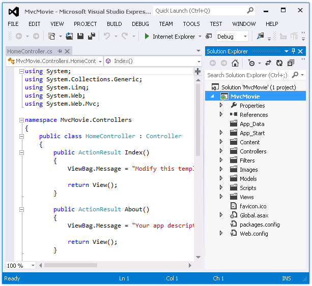 Capture d’écran montrant les onglets A S P dot NET M V Project Home Controller c et Explorateur de solutions ouverts.