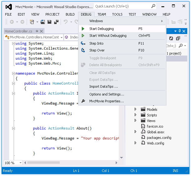 Capture d’écran montrant le menu déroulant DEBUG du projet S P P dot NET M V C. L’option Démarrer le débogage est sélectionnée.