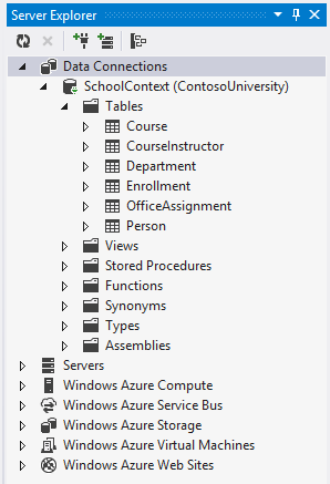 Capture d’écran montrant la fenêtre Server Explorer. Les onglets Connexions de données, Contexte scolaire et Tables sont développés pour afficher la table Person.