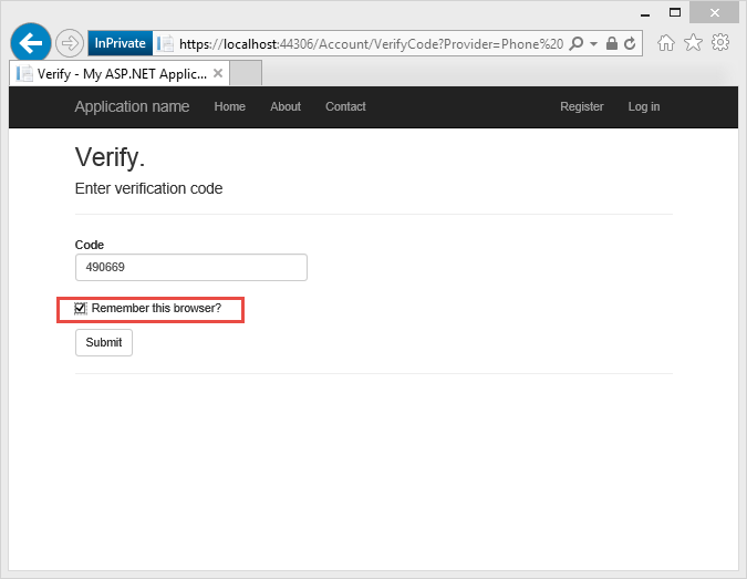 Capture d’écran montrant la page De vérification de l’application A SP dot NET pour 2 fa. Sous un exemple de code, une case à cocher avec Mémoriser ce navigateur est mise en évidence.