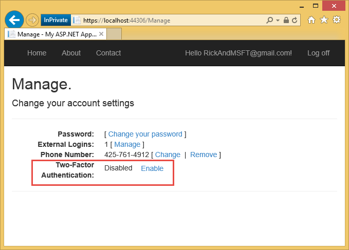 Capture d’écran montrant la page Paramètres du compte de l’application A SP dot NET. Two-Factor Authentification : désactivée avec une section Activer le lien est mise en surbrillance.