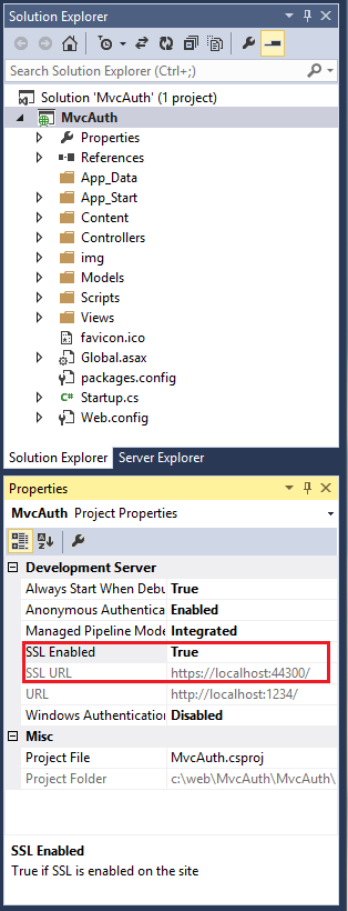 Capture d’écran montrant les propriétés du projet Explorateur de solutions pour le projet d’authentification M v c. S S S L enabled True et SS L U R L sont mis en surbrillance.