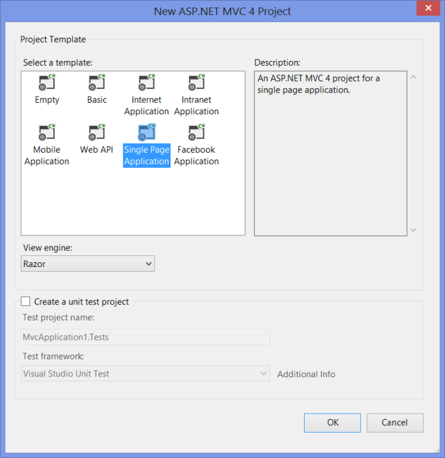 Capture d’écran montrant la boîte de dialogue Nouveau projet A P.P. dot NET M V C 4. Le modèle Application monopage est sélectionné.