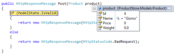 Capture d’écran de l’extrait de code avec les options de menu déroulant dot Product Store Models dot Product.