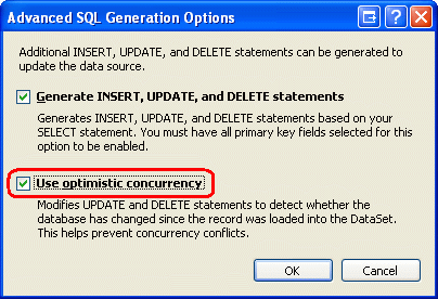 Vous pouvez ajouter la prise en charge de l’accès concurrentiel optimiste à partir de la boîte de dialogue Options de génération SQL avancées